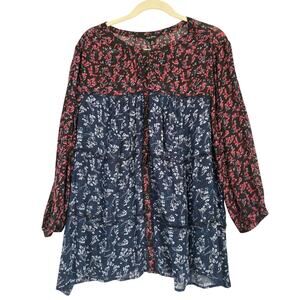 Lucky Brand Button Up Shirt Womens 3X Blue Pink Floral Peasant Lightweight Sheer